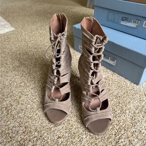 Joie Taupe Suede Lace-Up Heeled Booties